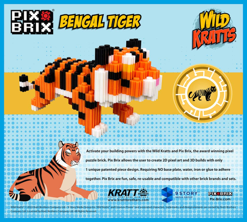 pix brix - wild kratts pixel art kit - bengal tiger, 450 pieces - patented  slide + stack pixel puzzle building bricks, build
